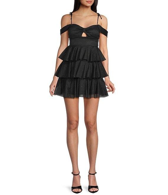 Honey and Rosie Sweetheart Off Shoulder Mesh Drape Ruffle Skirt Dress Product Image