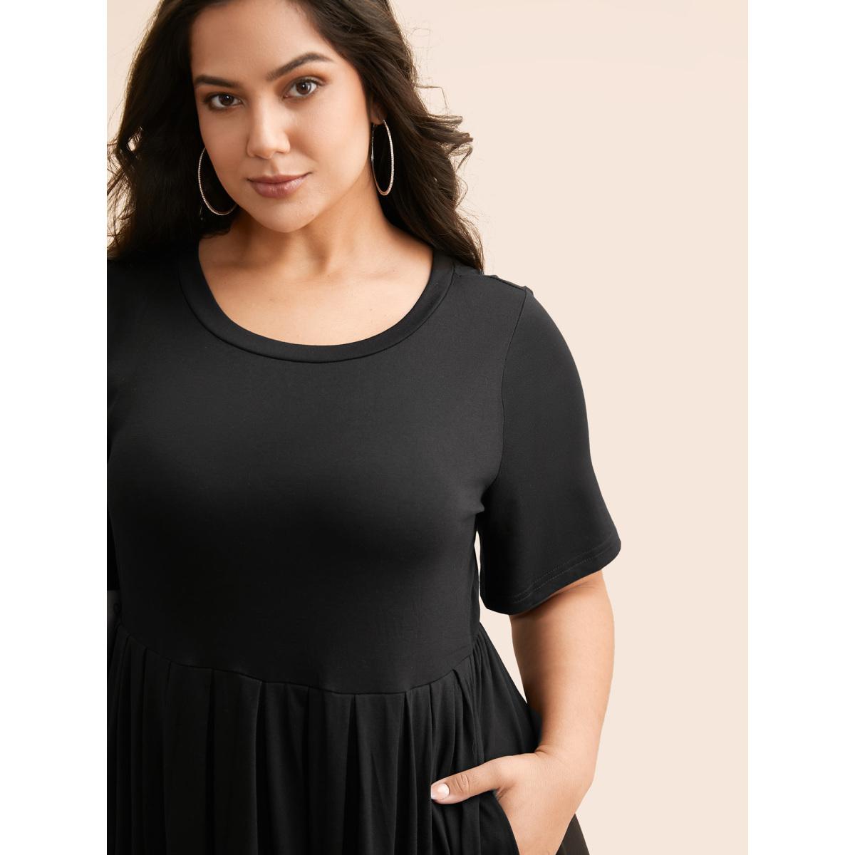 Plus Size Supersoft Essentials Solid Pleated Round Neck Midi Dress Black Women Casual Plain Round Neck Short sleeve Curvy Midi Dress BloomChic 18-20/2X Product Image