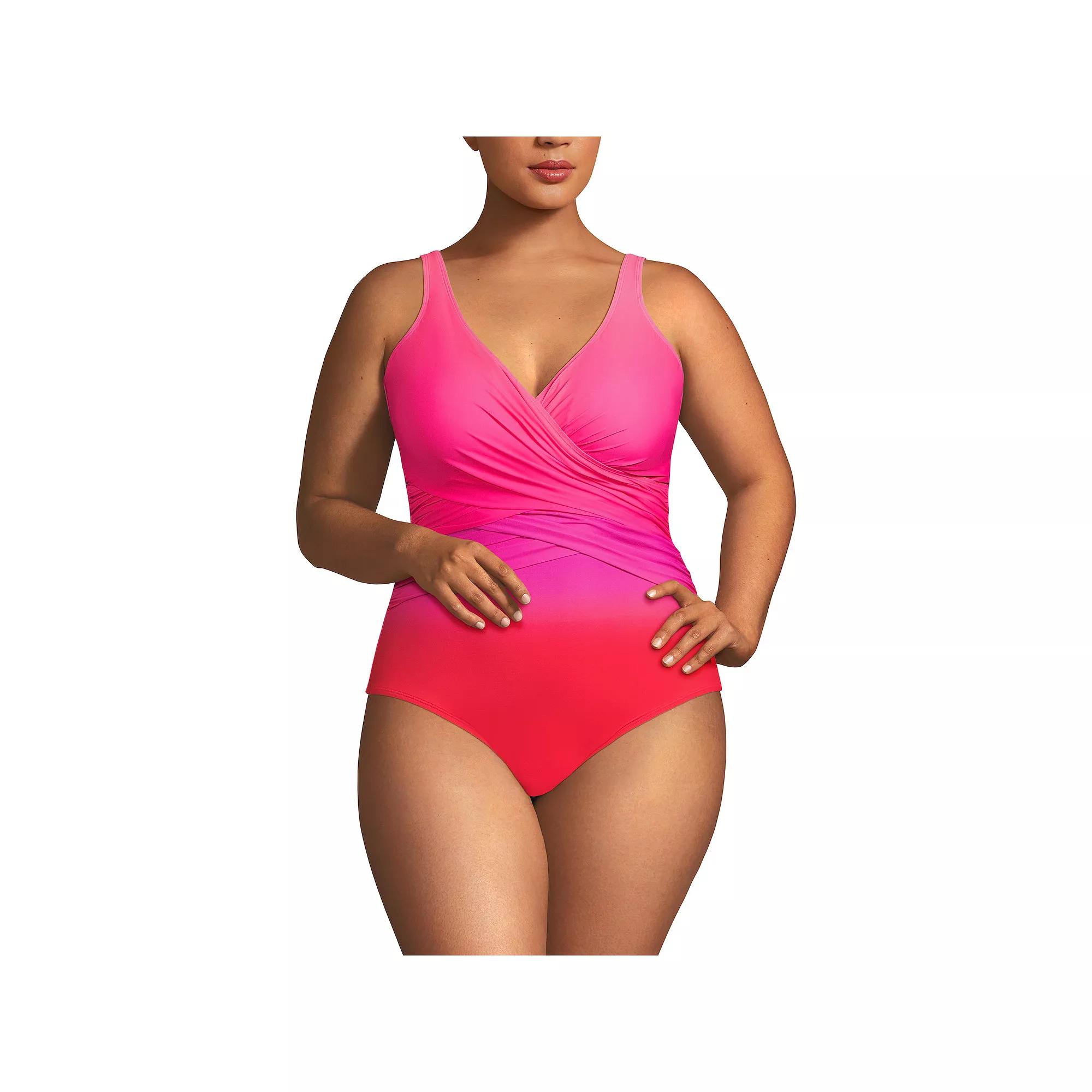 Plus Size Lands' End SlenderSuit DD-Cup Tummy Control Surplice One-Piece Swimsuit, Women's, Size: 20W Dd, Pink Team Ombre Product Image