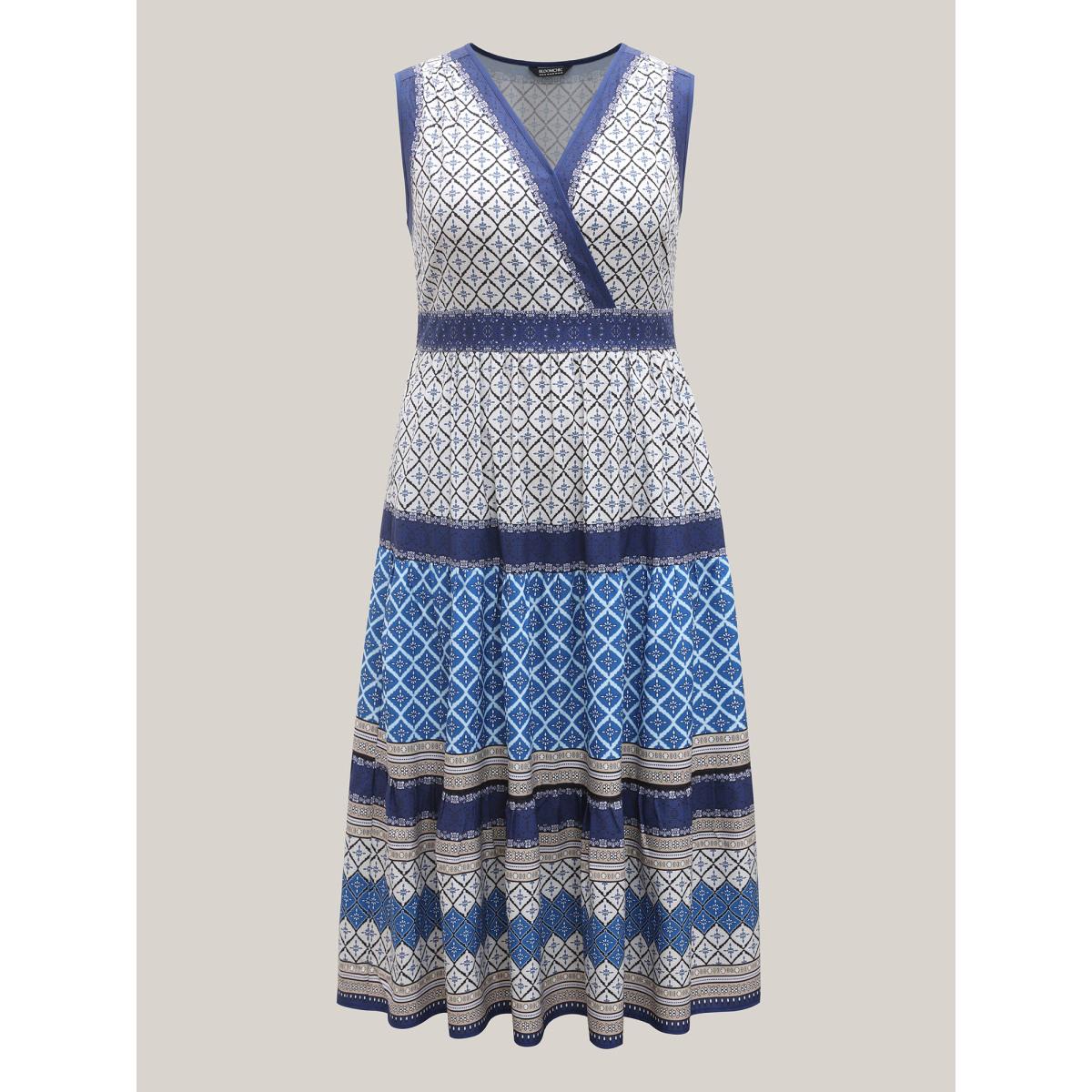 Plus Size Boho Pattern Spliced Sleeveless Midi Dress Indigo Women Resort Non V-neck Sleeveless Curvy BloomChic 10/M Product Image