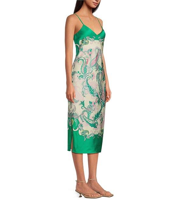 Gianni Bini Harper Satin Printed V-Neck Sleeveless Slip Midi Dress Product Image
