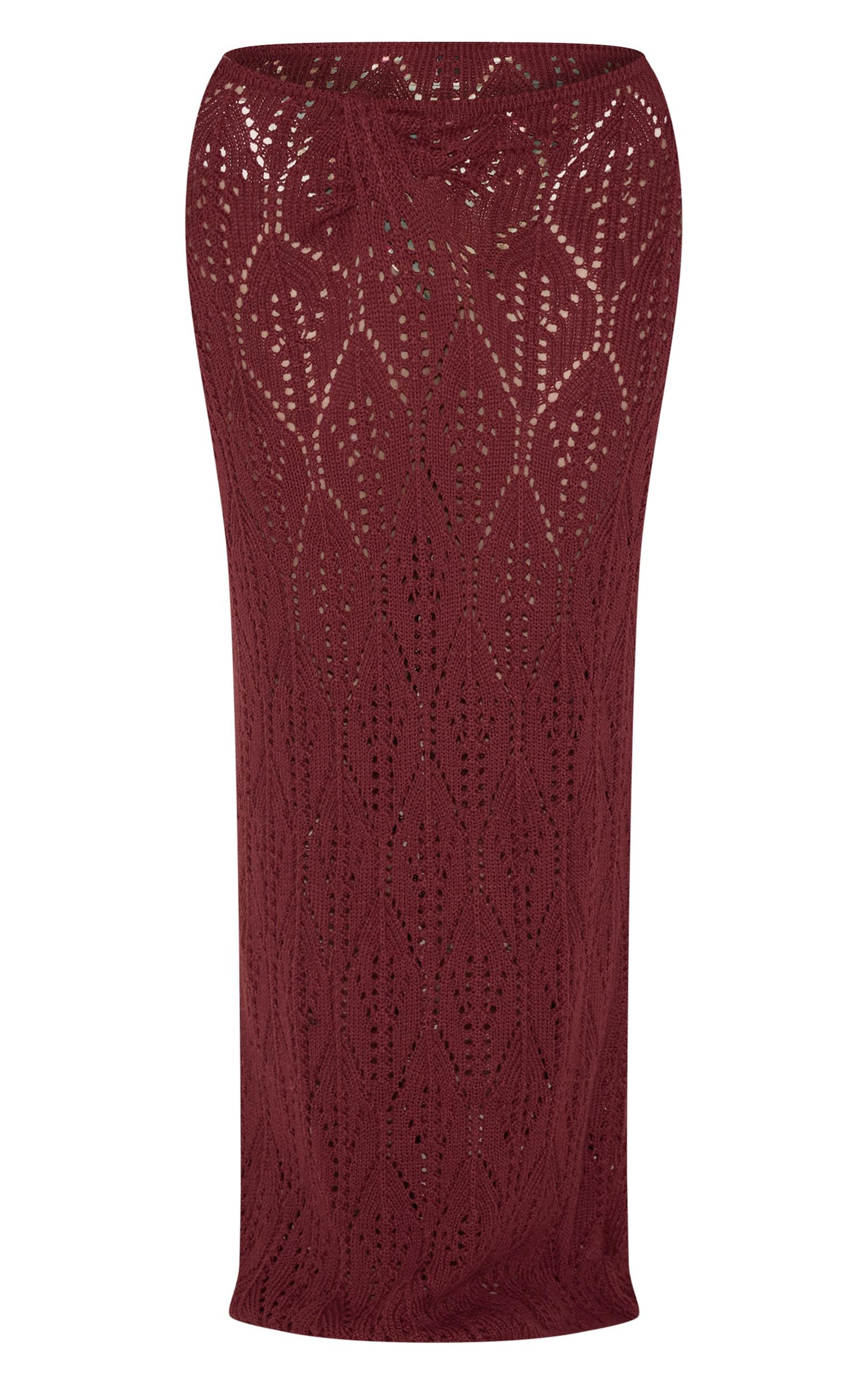 Plus Burgundy Crochet Maxi Knot Detail Beach Skirt Product Image