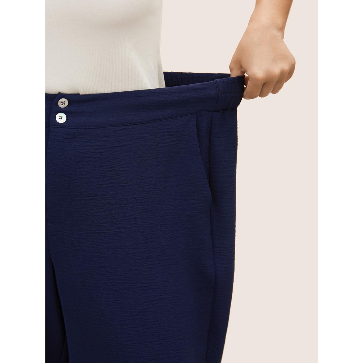 Plus Size Solid Button Up Gathered Wide Leg Pants Women Indigo Elegant Wide Leg Mid Rise Everyday Pants BloomChic 18-20/2X Product Image