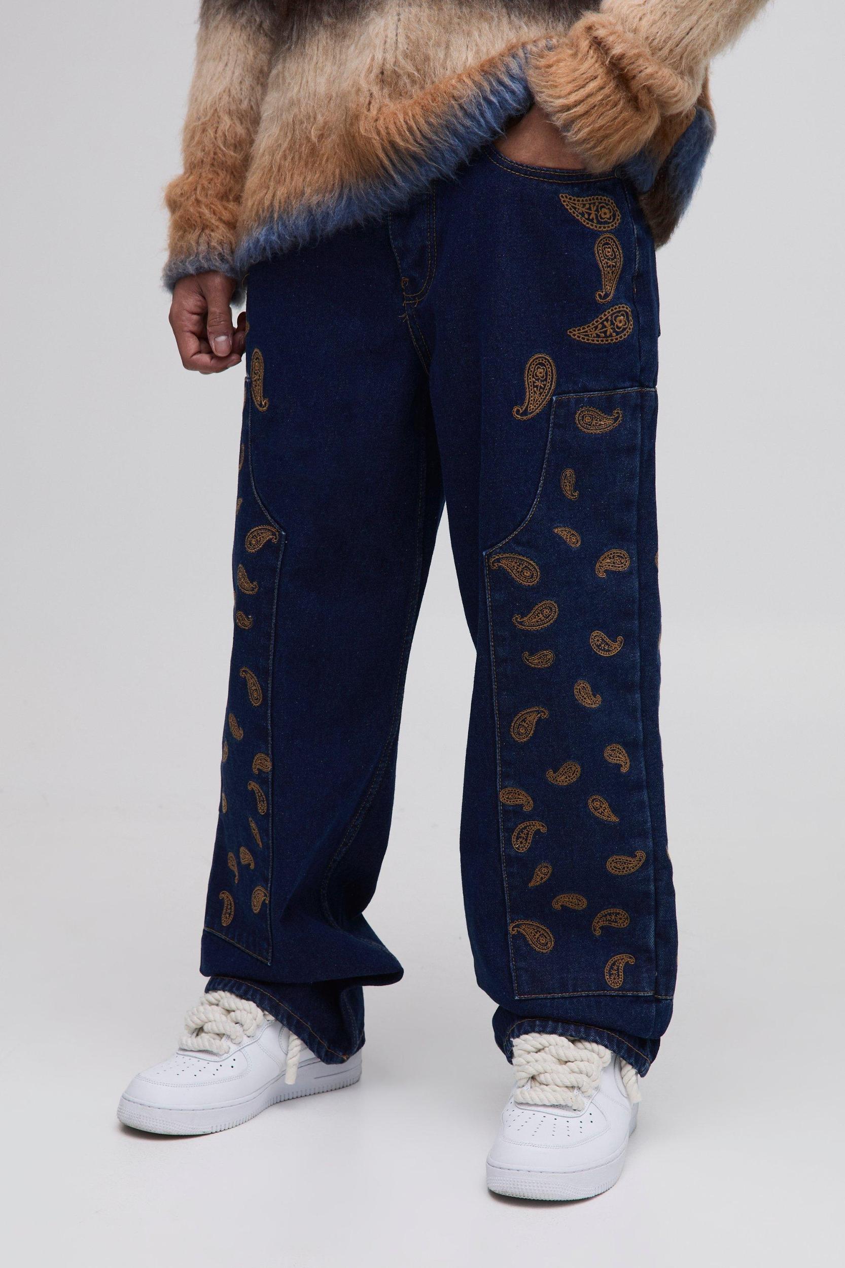 Relaxed Fit Paisley Embroidered Jeans | boohooMAN USA Product Image