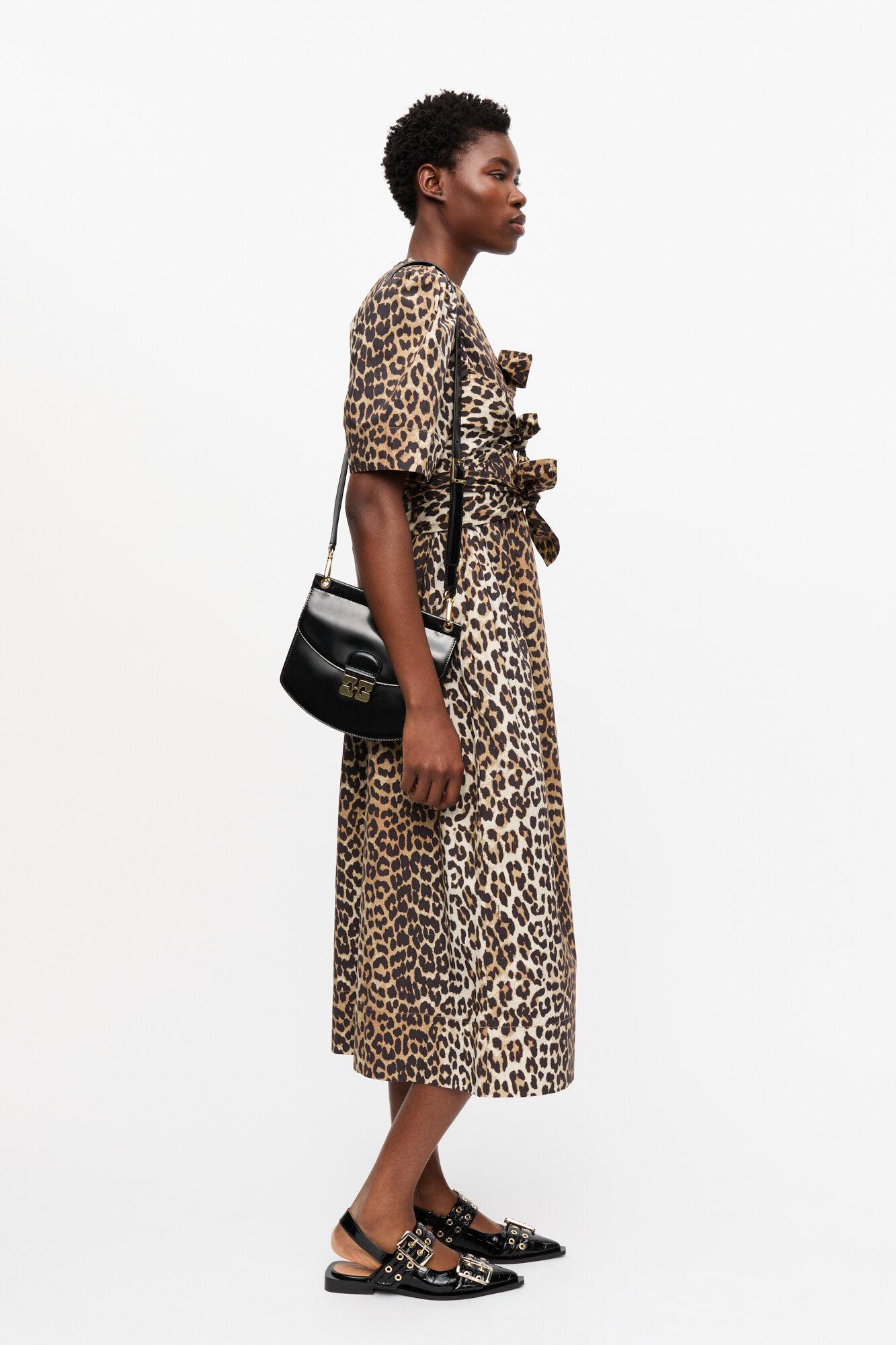 Leopard Printed Cotton Tie Strap Midi Dress Product Image