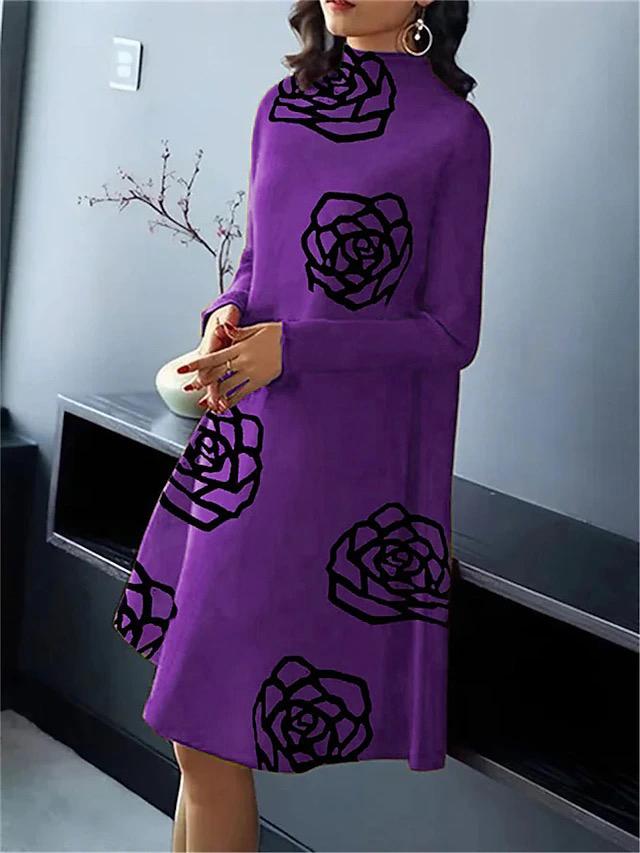 A-Line Long Sleeves Flower Print Mock Neck Midi Dresses Product Image