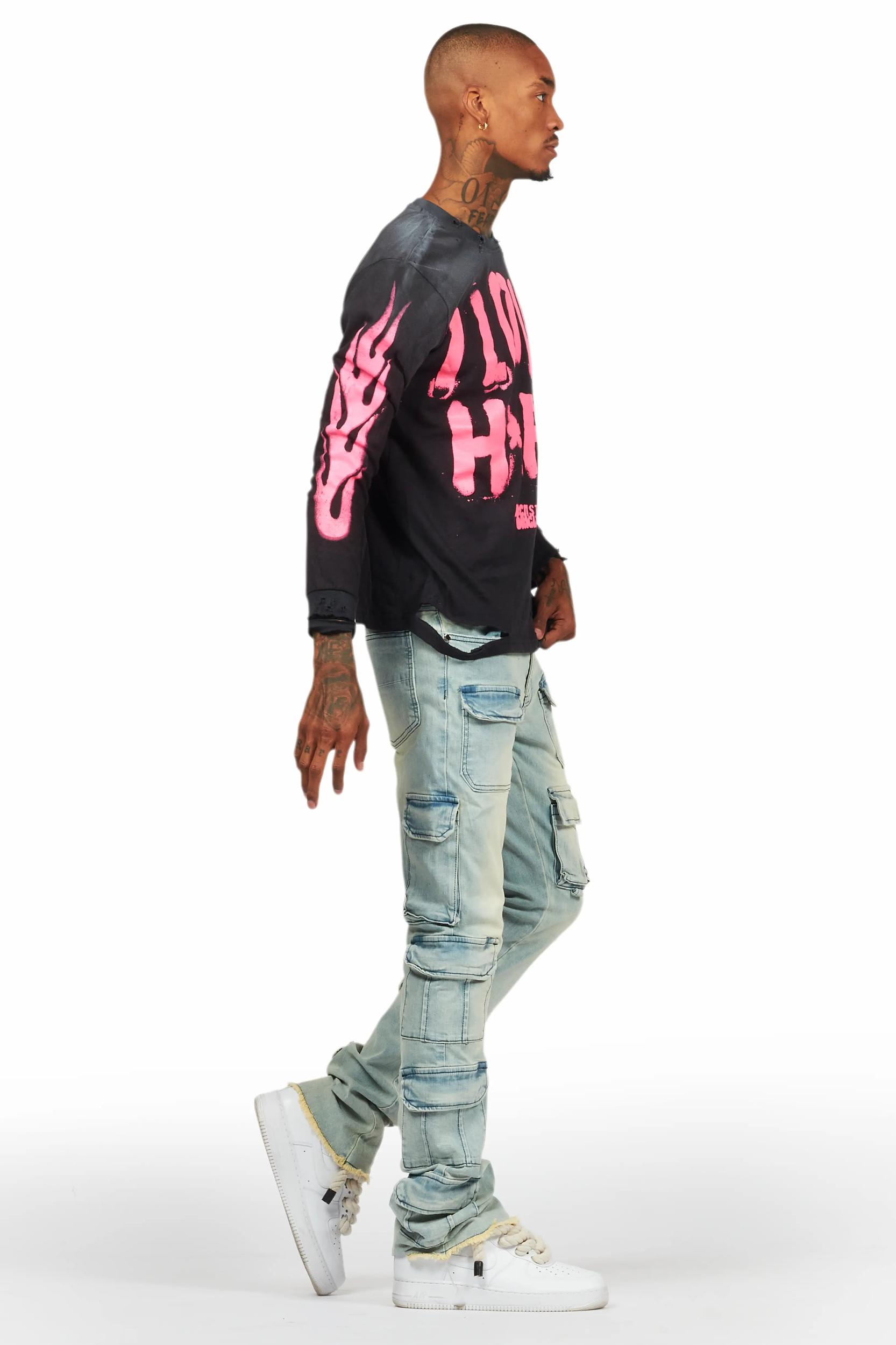 Valery Blue Stacked Flared Cargo Jean Male Product Image