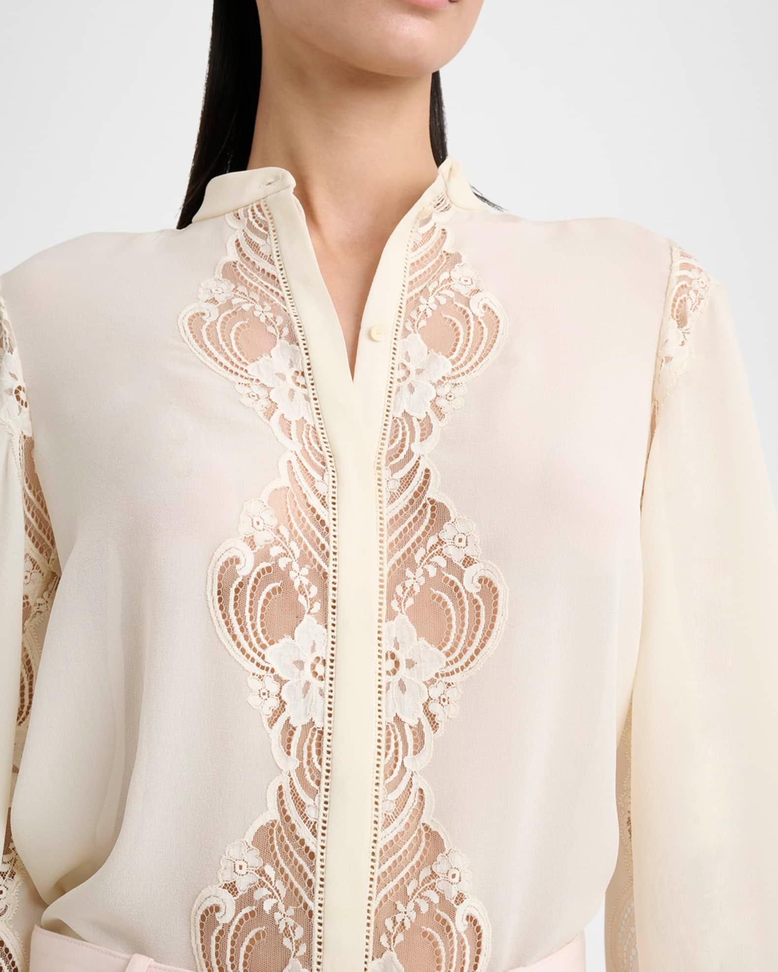 Lace Placket Tulip-Sleeve Silk Blouse Product Image