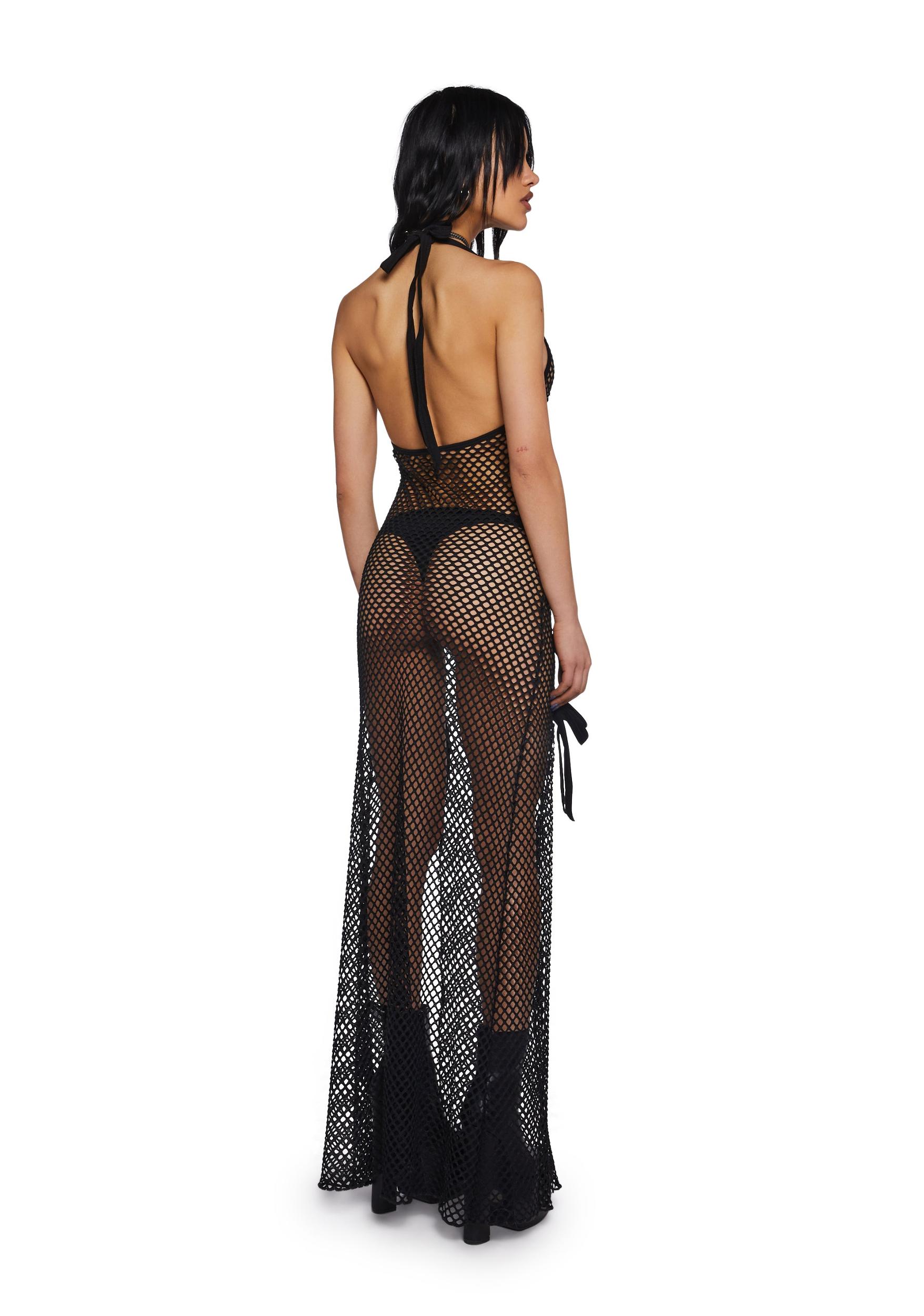 Womens Fishnet Plunge Maxi Dress Current Mood - Black Product Image