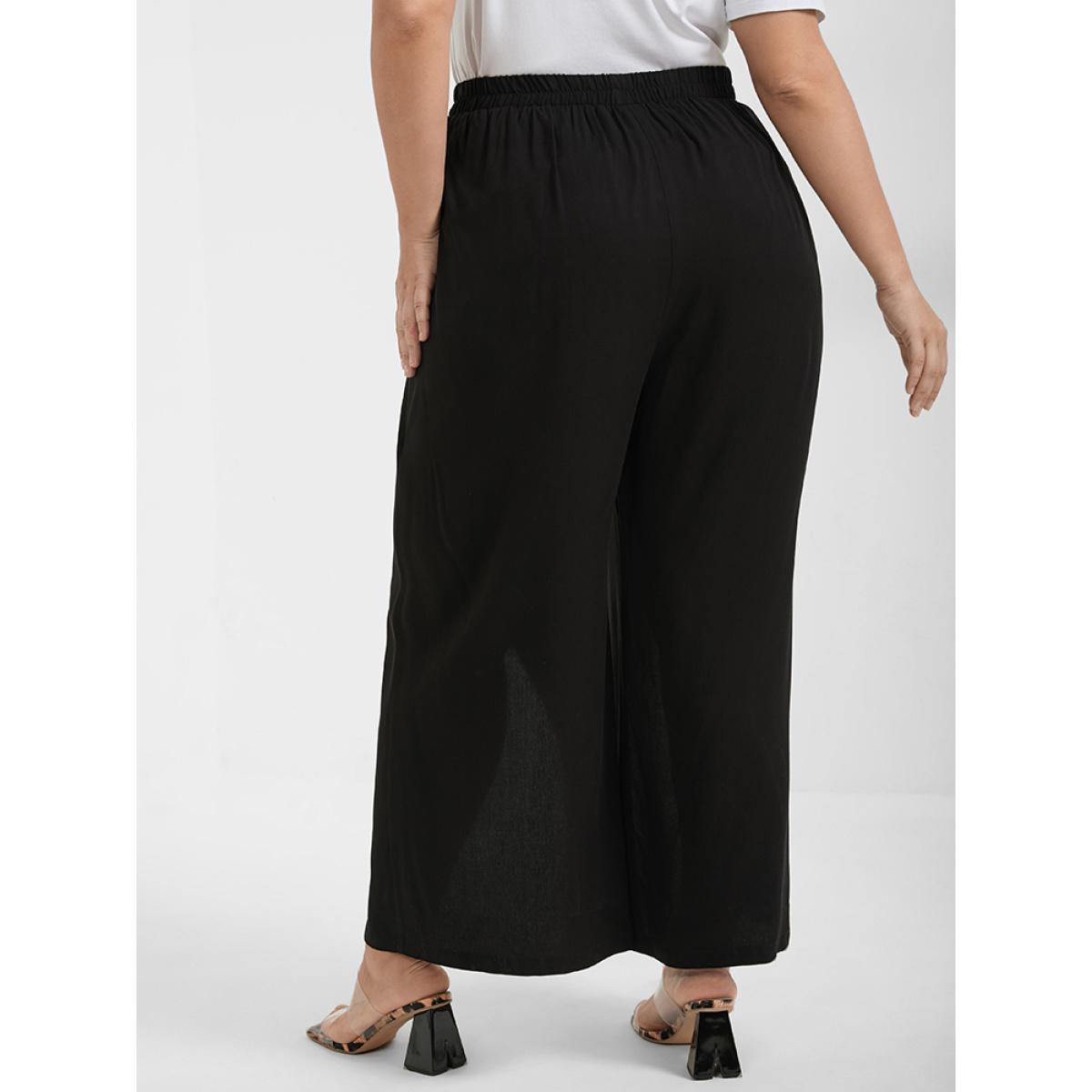 Plus Size Solid Wrap Split Pocket Knot Waist Pants Women Black Casual Wide Leg High Rise Dailywear Pants BloomChic 10/M Product Image