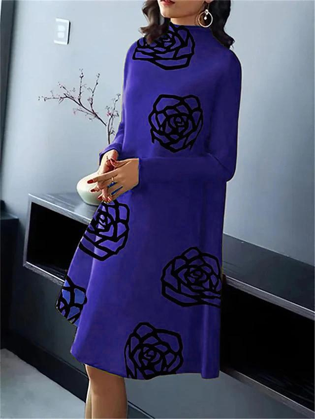 A-Line Long Sleeves Flower Print Mock Neck Midi Dresses Product Image