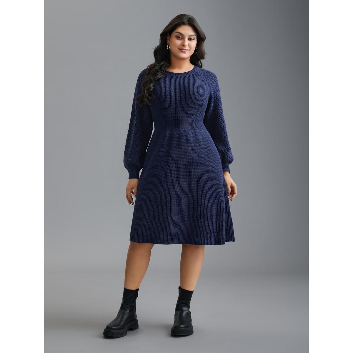 Plus Size Plain Pit Strip Raglan Sleeve Sweater Dress Indigo Women Elegant Bodycon Long Sleeve Everyday Sweater Dresses BloomChic 30/6X Product Image