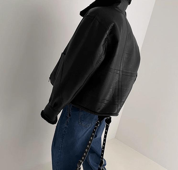 RT No. 10338 BLACK STAND COLLAR FLEECE LEATHER JK Product Image