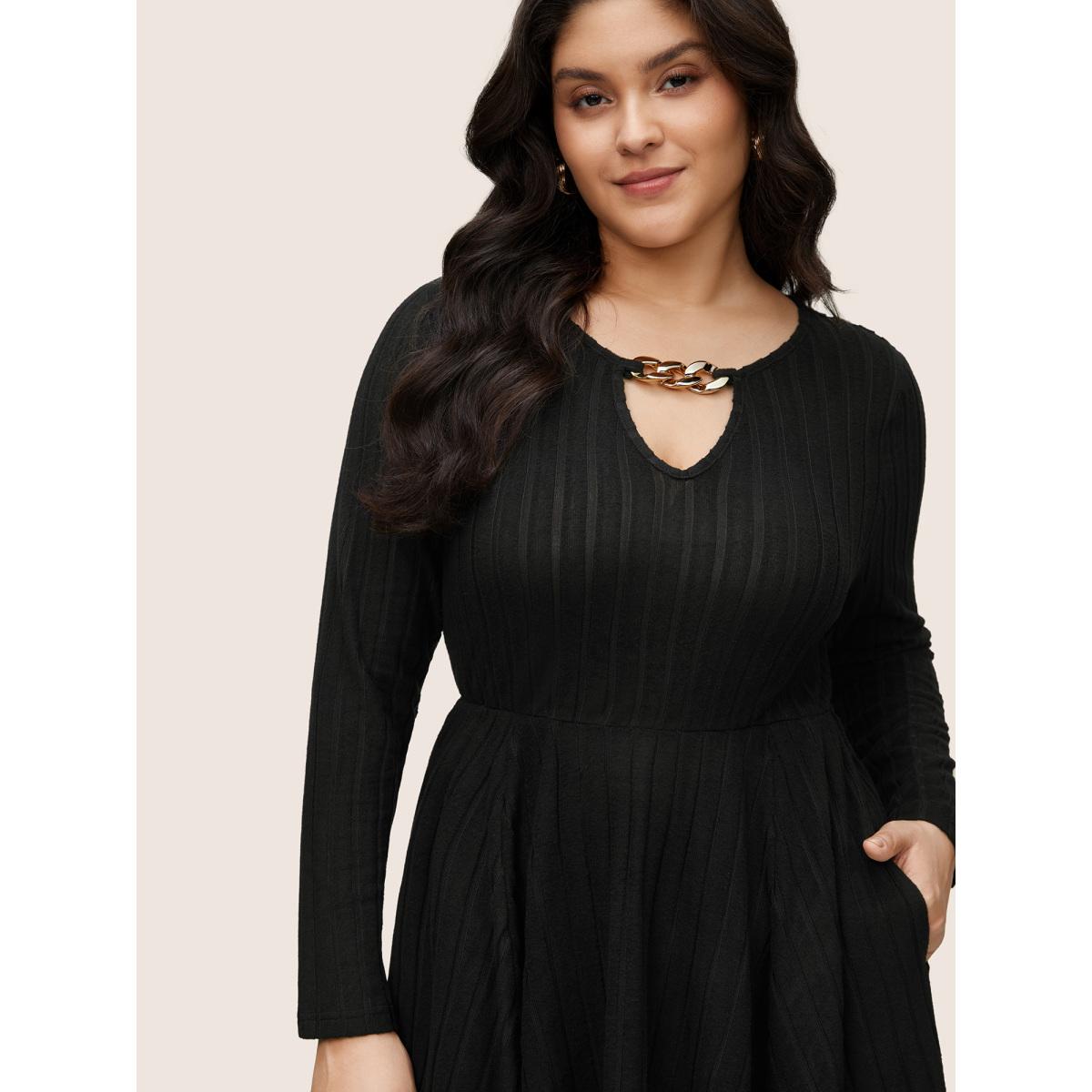 Plus Size Rib Knit Metal Chain Detail Keyhole Hanky Hem Dress Black Women Elegant Texture Keyhole Cut-Out Long Sleeve Curvy Midi Dress BloomChic 12/L Product Image