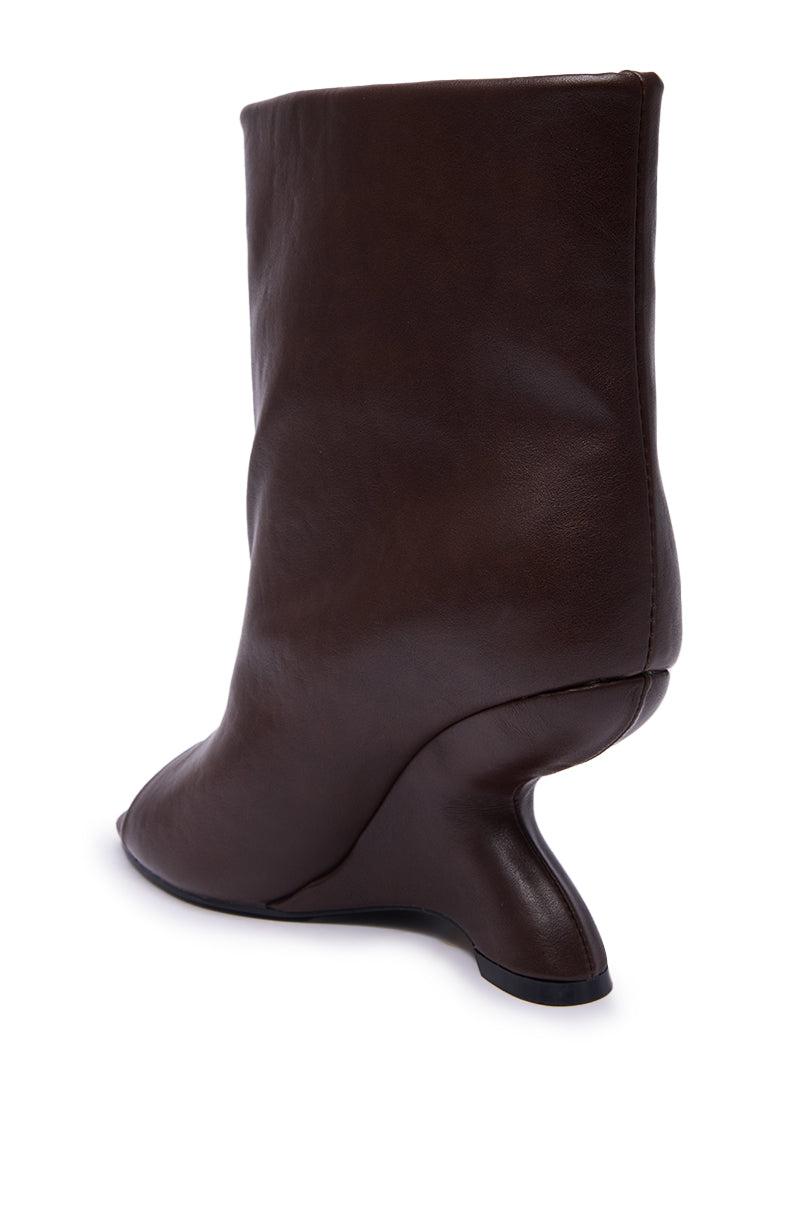 AZALEA WANG FAOI BROWN INVERTED WEDGE OPEN-TOE BOOTIE Product Image
