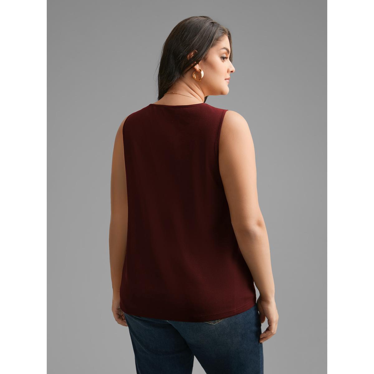 Plus Size Solid V Neck Laser Cut Tank Top Women Burgundy Timeless Non V-neck Elegant Tank Tops Camis BloomChic 12/L Product Image