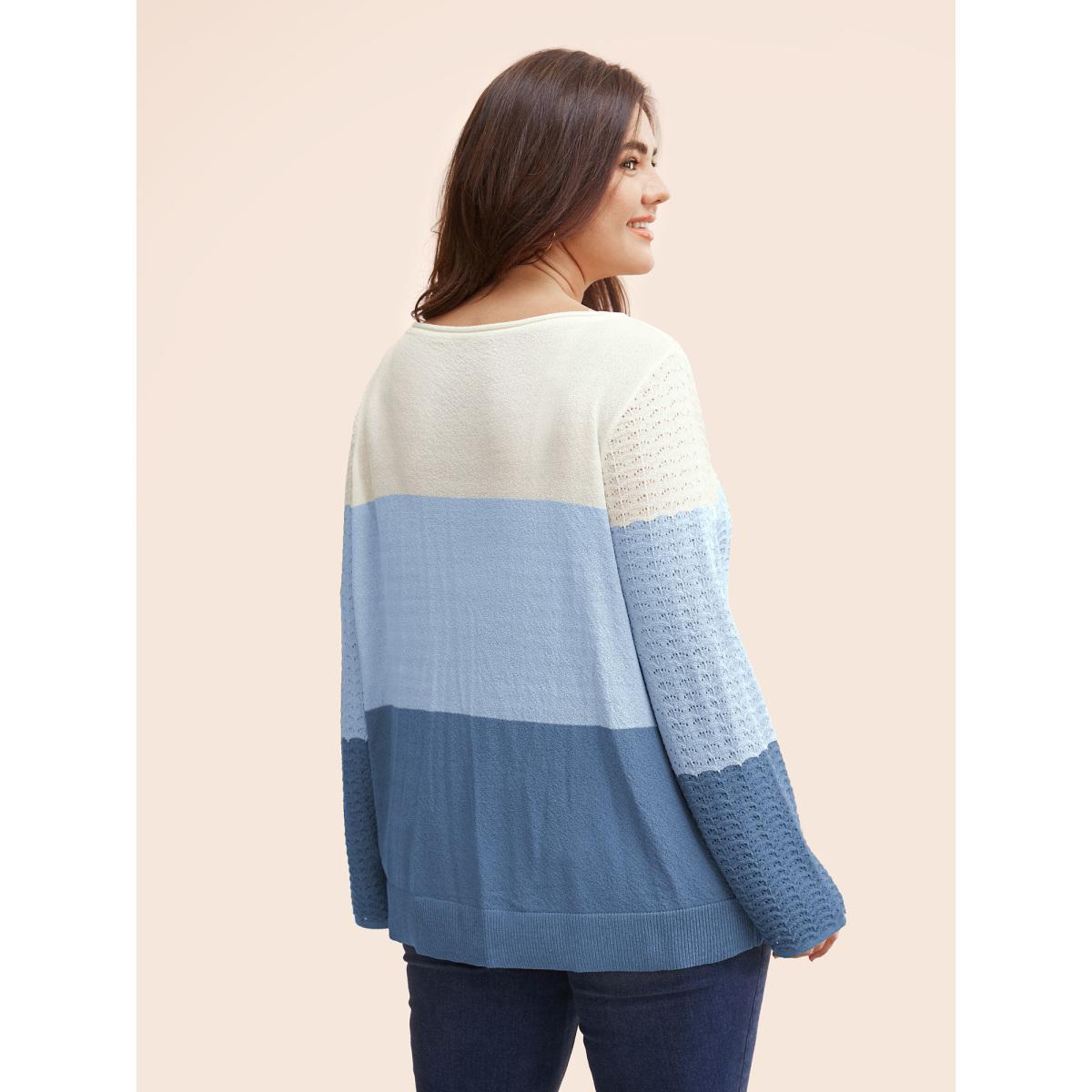 Plus Size Color Contrast Boat Neck Lightweight Pullover Skyblue Women Casual Loose Long Sleeve Boat Neck Everyday Pullovers BloomChic 10/M Product Image