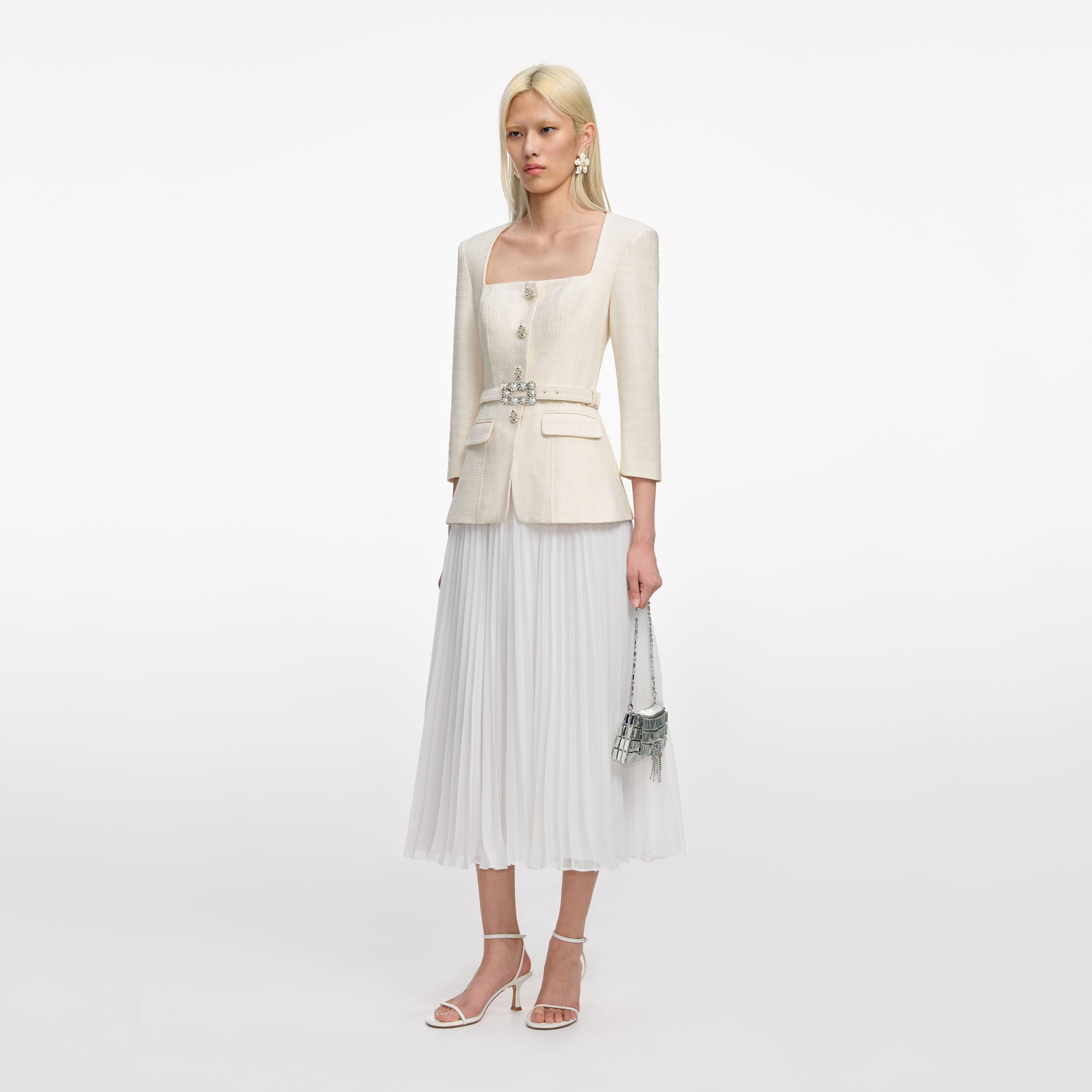 Cream Boucle Long Sleeve Chiffon Midi Dress Product Image