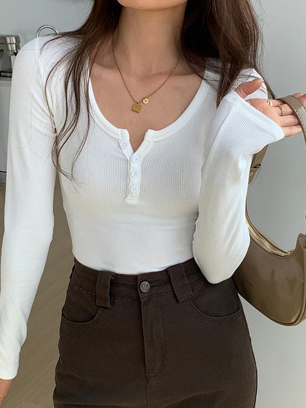 Solid Color Rib High Elastic Breasted Long Sleeve Knit Product Image