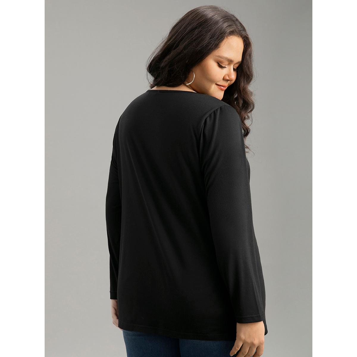Plus Size Plain Cut Out Long Sleeve T-shirt Black Women Casual Plain Plain Keyhole Cut-Out Dailywear T-shirts BloomChic 12/L Product Image