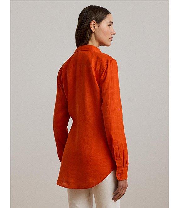 Lauren Ralph Lauren Petite Size Woven Point Collar Long Roll-Tab Sleeve Button Front Shirt Product Image