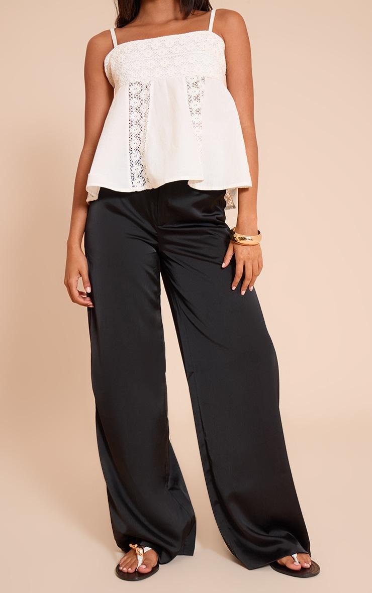 Black Satin Tailored Detail Wide Leg Pants Product Image