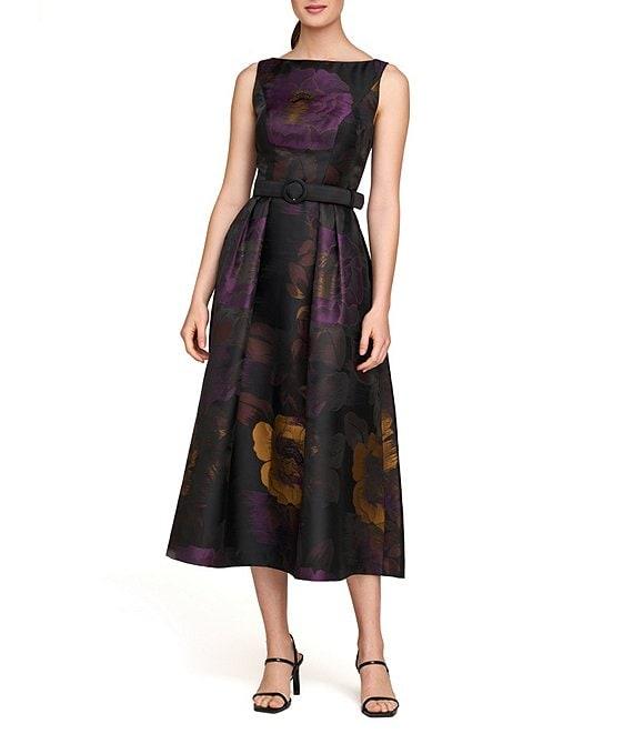 Kay Unger Floral Jacquard Bateau Neck Sleeveless V-Back Belted Fit & Flare Dress Product Image