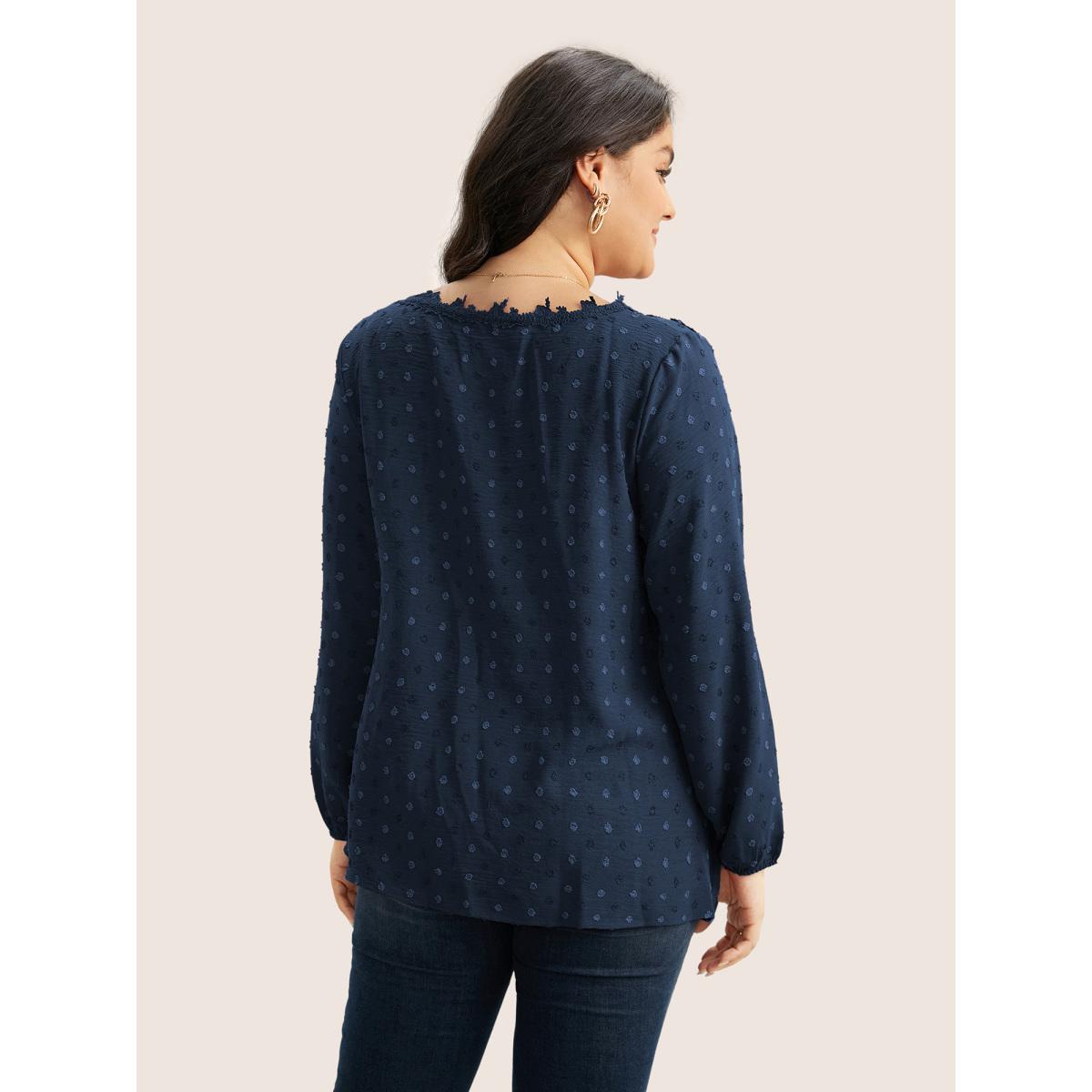 Plus Size Indigo Plisse Eyelet Lace Elastic Cuffs Blouse Women Elegant Long Sleeve V-neck Everyday Blouses BloomChic 14-16/1X Product Image