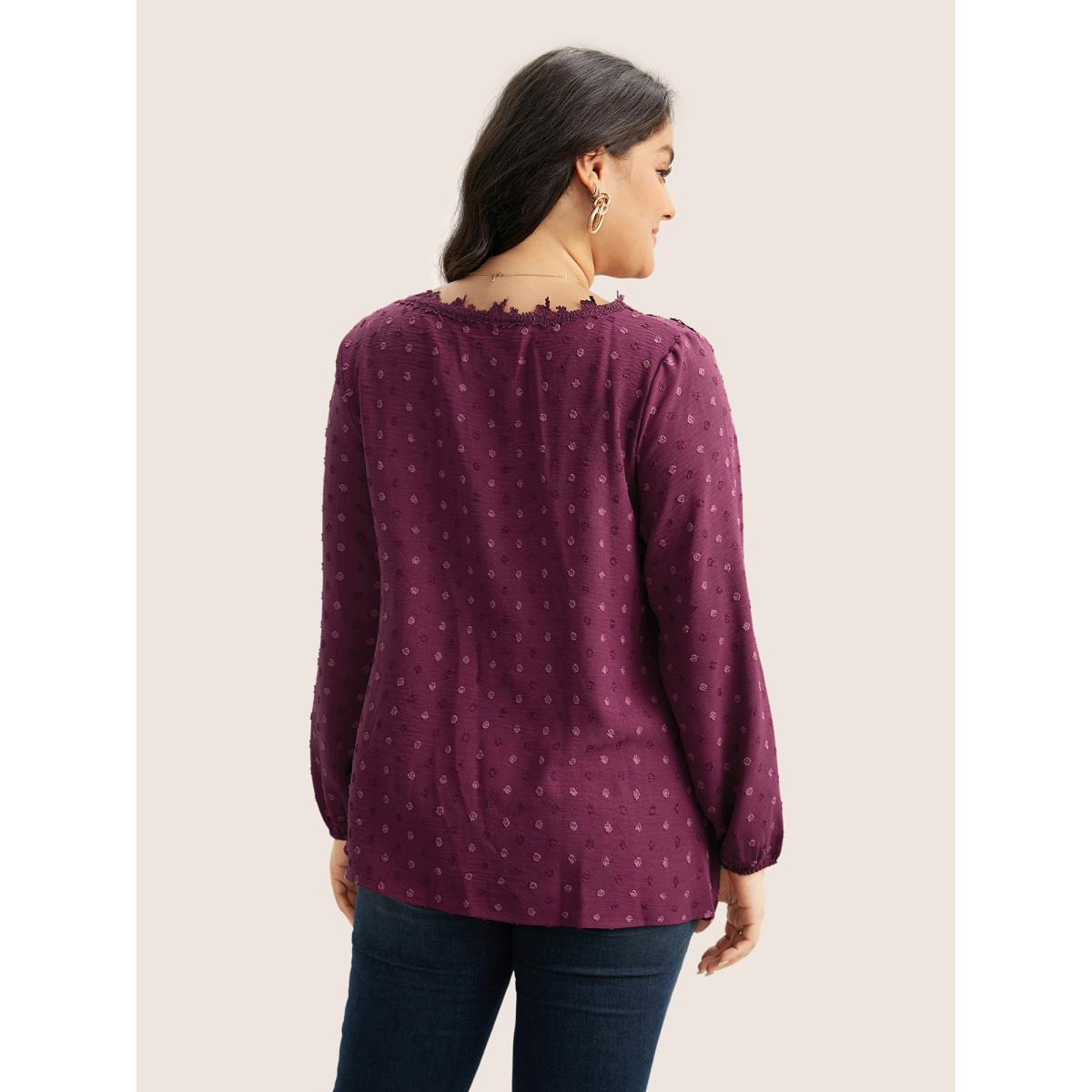 Plus Size Purple Plisse Eyelet Lace Elastic Cuffs Blouse Women Elegant Long Sleeve V-neck Everyday Blouses BloomChic 28/5X Product Image