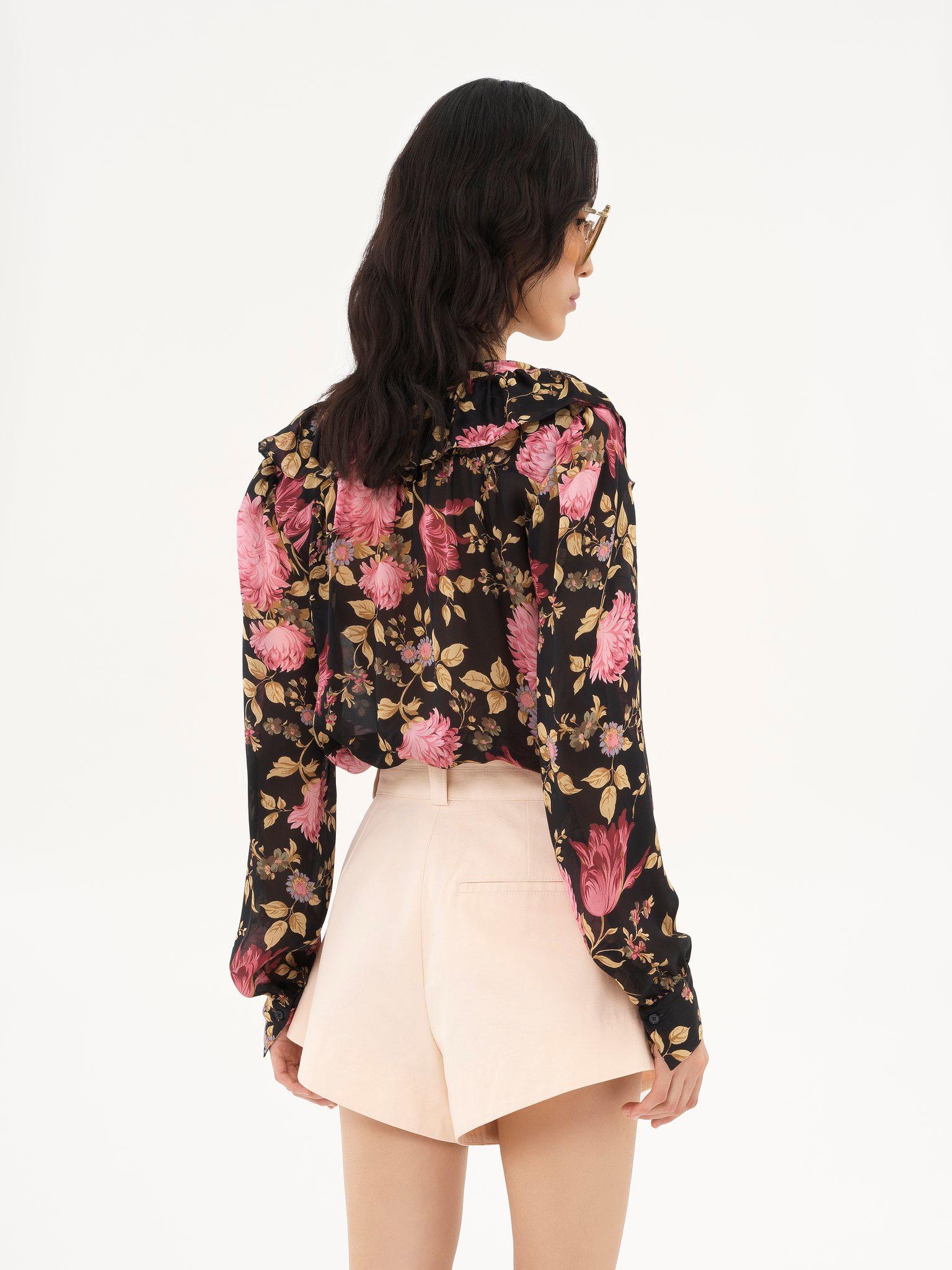 V-neck ruffled blouse in silk charmeuse Product Image