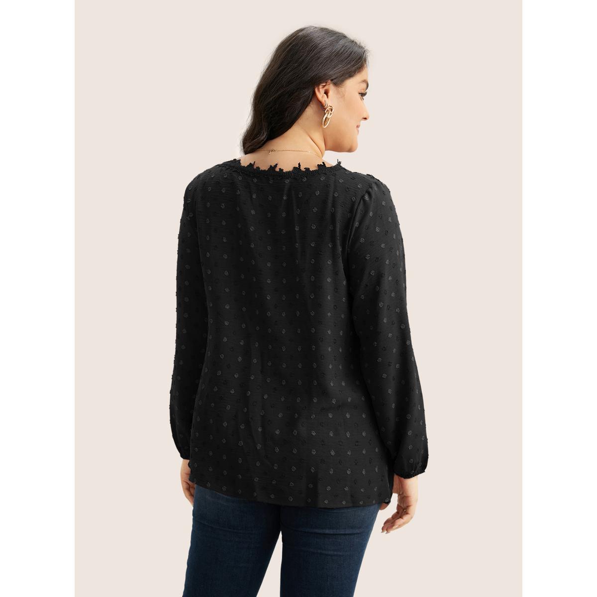Plus Size Black Plisse Eyelet Lace Elastic Cuffs Blouse Women Elegant Long Sleeve V-neck Everyday Blouses BloomChic 14-16/1X Product Image