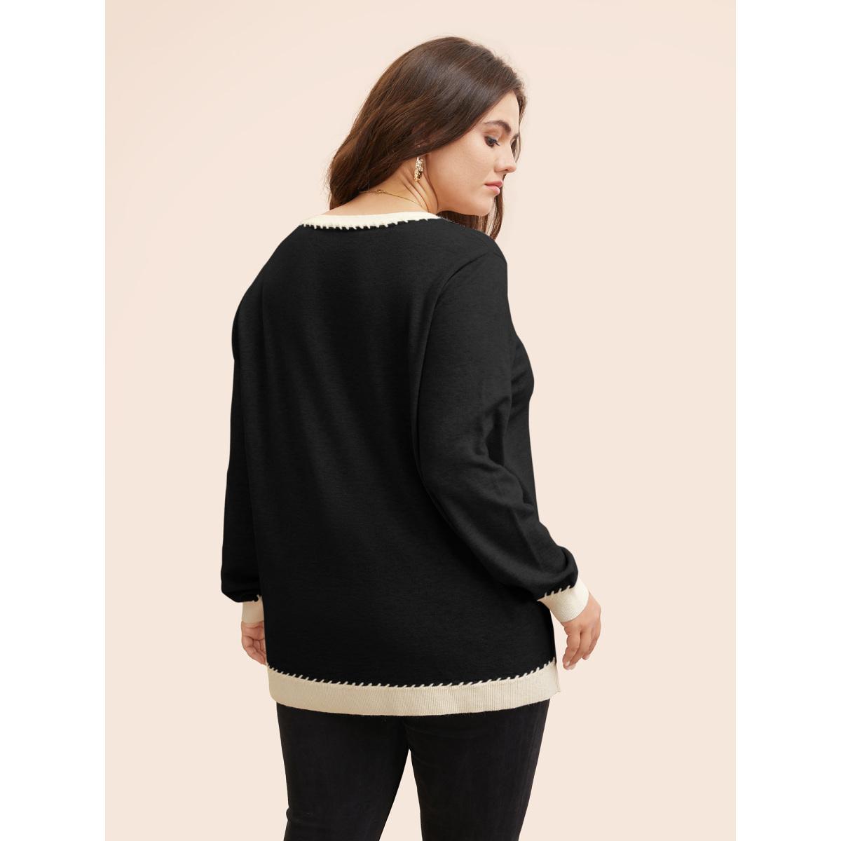 Plus Size Supersoft Essentials V Neck Contrast Crochet Pullover Black Women Casual Long Sleeve V-neck Everyday Pullovers BloomChic 14-16/1X Product Image