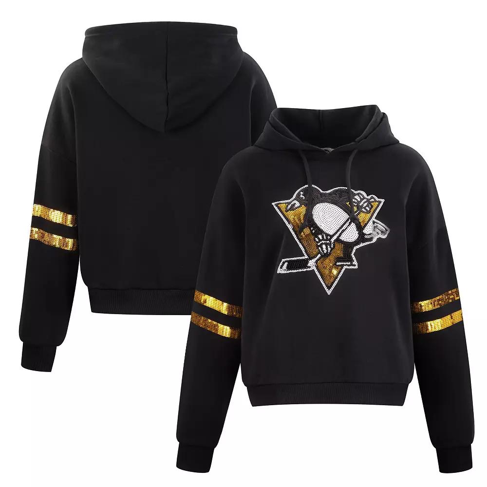 Women's Cuce Black Pittsburgh Penguins Sequin Cropped Pullover Hoodie, Size: Small Product Image