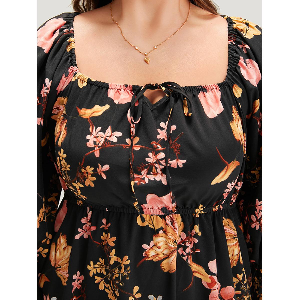 Plus Size Floral Print Bowknot Flutter Trim Tiered Dress Black Women Elegant Gathered Square Neck Elbow-length sleeve Curvy Midi Dress BloomChic 26/4X Product Image