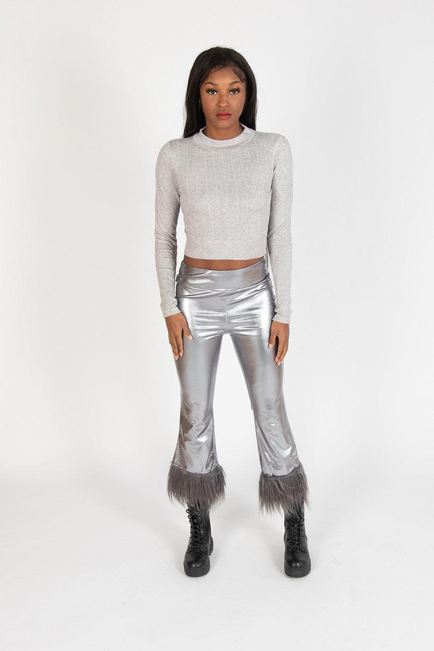 Metallic Fur Trim Flare Pants Product Image
