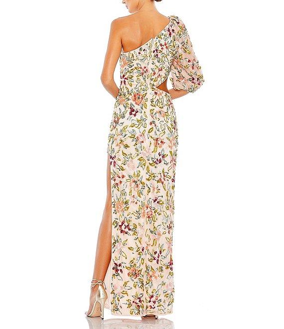 Mac Duggal One Sleeve Floral Cut Out Floral Embellished Column Gown Product Image