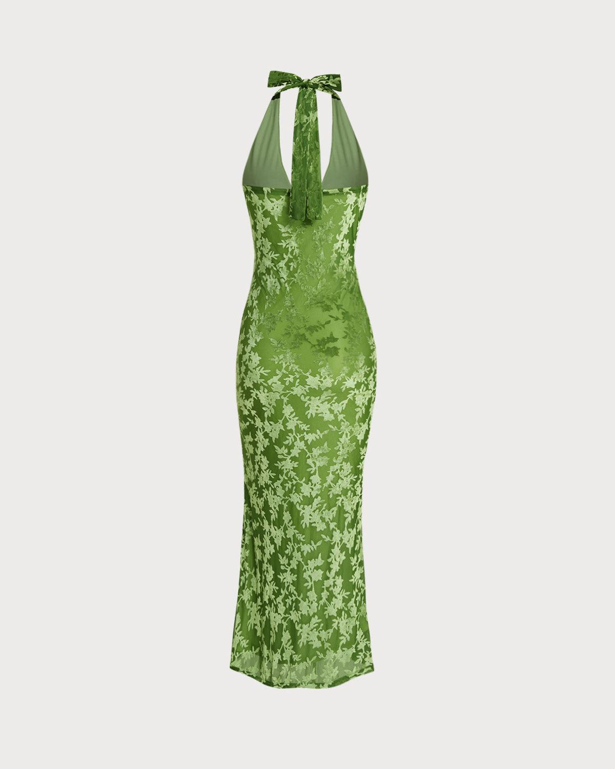 Green Floral Bodycon Halter Maxi Dress Product Image