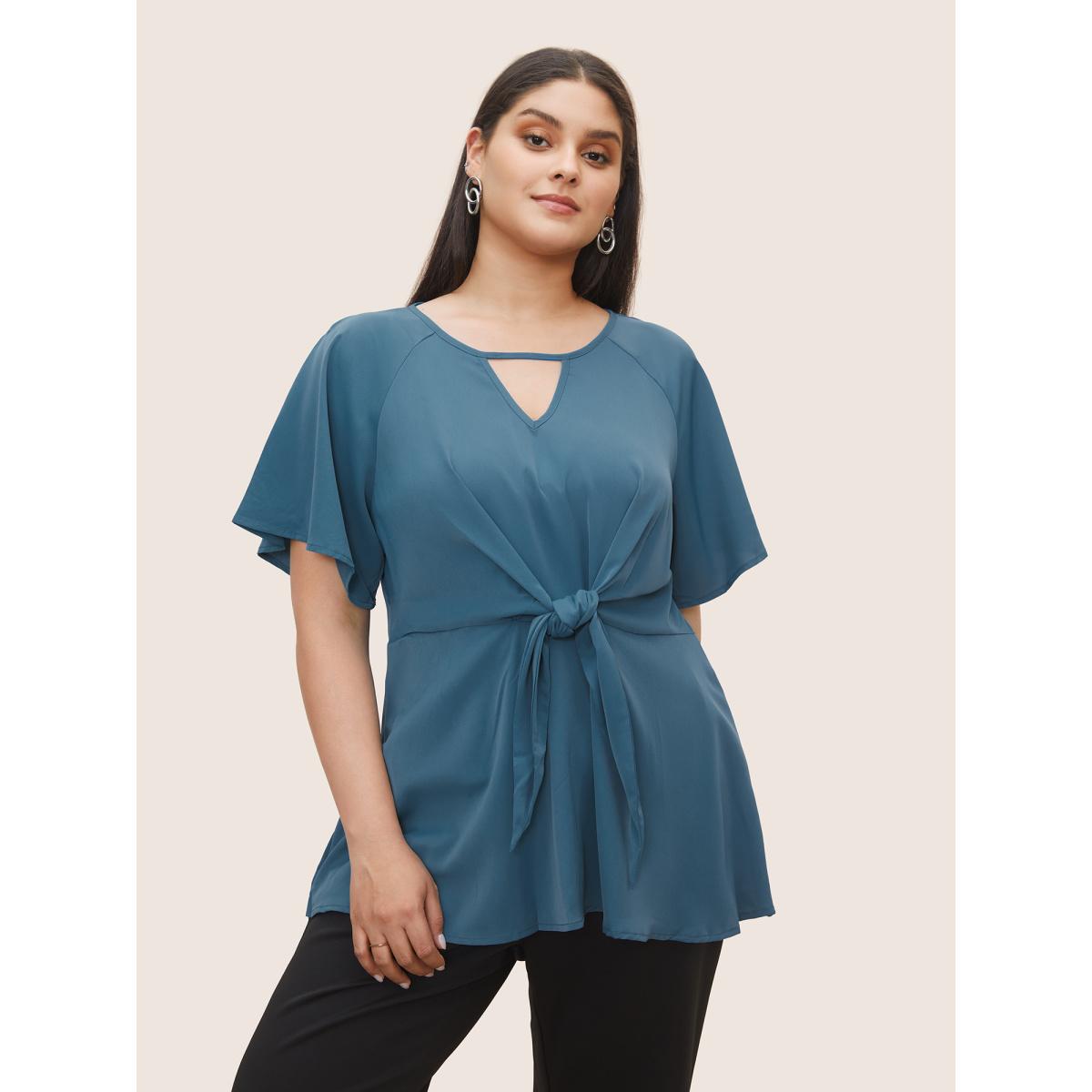 Plus Size Mint Plain Keyhole Knotted Front Ruffle Sleeve Blouse Women Work From Home Short sleeve Round Neck Work Blouses BloomChic 18-20/2X Product Image