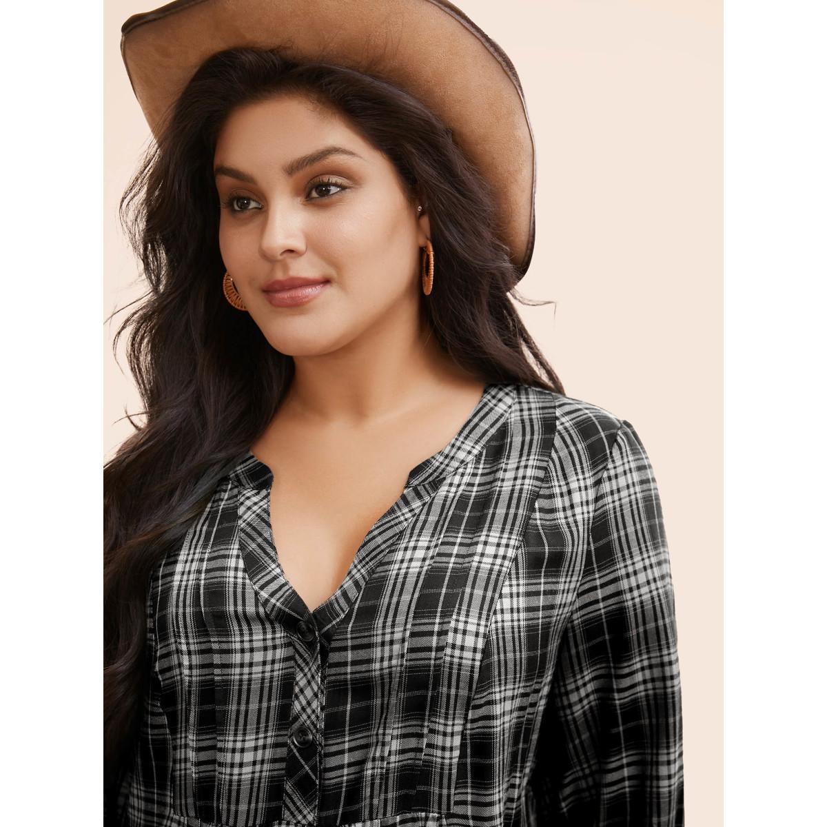 Plus Size Multicolor Plaid Pleated Button Placket Blouse Women Elegant Elbow-length sleeve Flat collar with V-notch Everyday Blouses BloomChic 14-16/1X Product Image