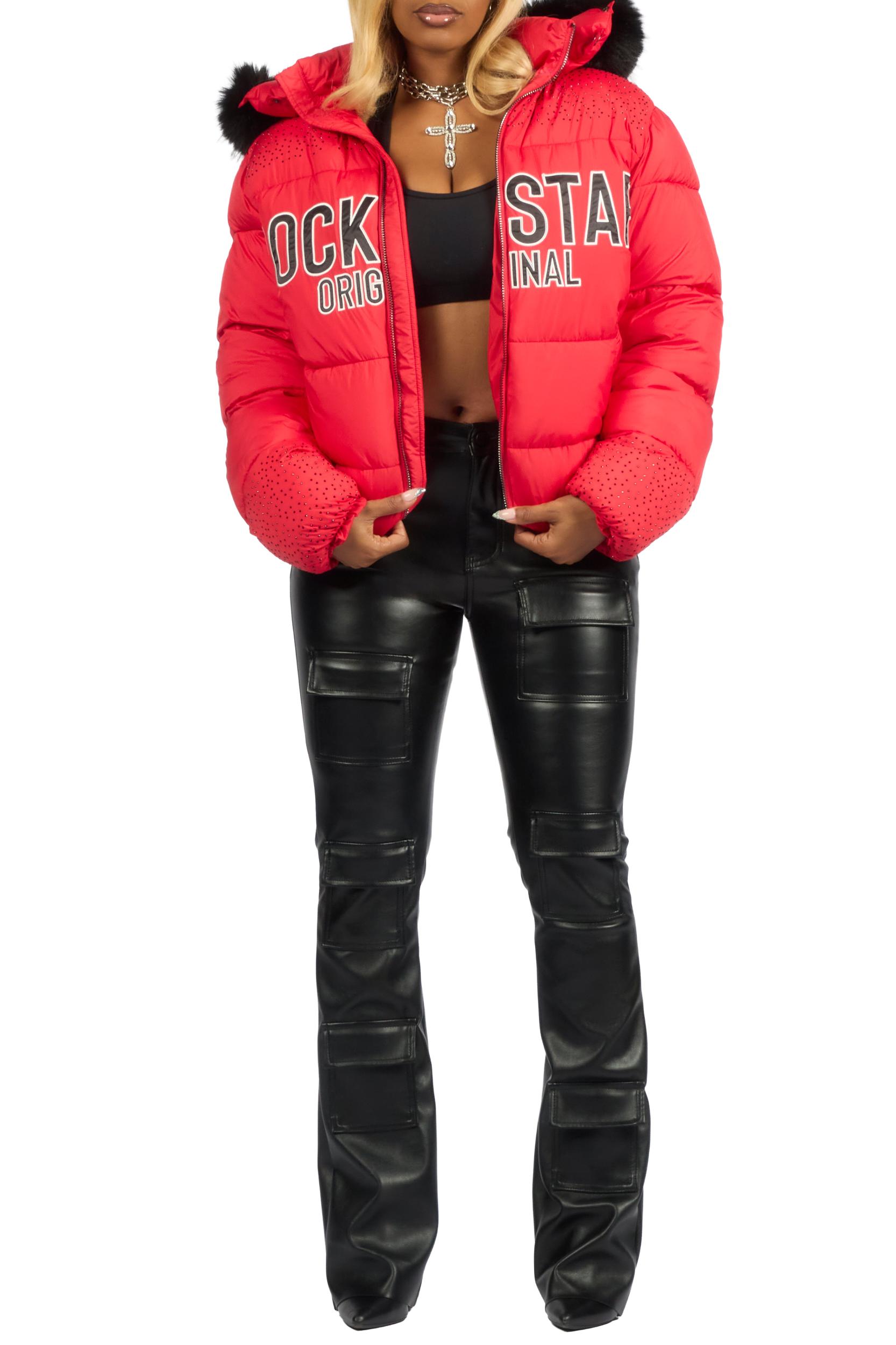 Natia Red Oversized Rhinestone Puffer Jacket Female Product Image