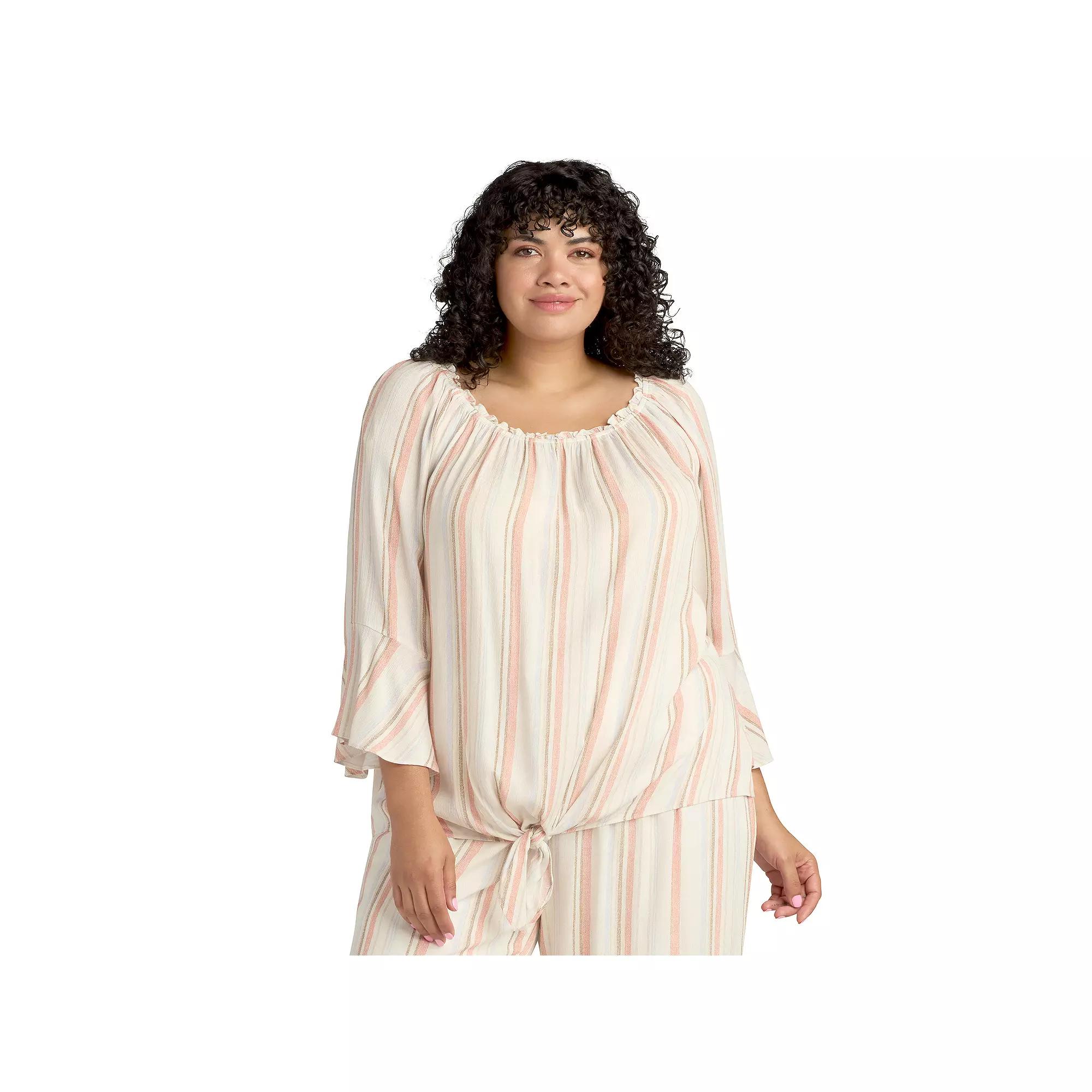 Plus Size AB Studio Off Shoulder Bell Sleeve Top, Womens E Blue Stripe Product Image
