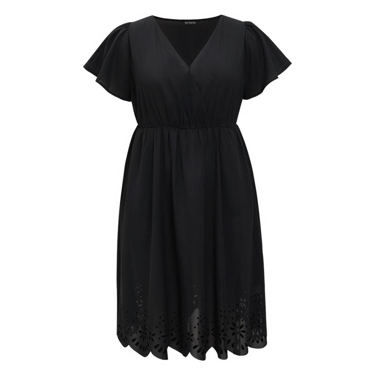 Plus Size Plain Wrap Pocket Scalloped Trim Laser Cut Flutter Dress Black Women Elegant Wrap V-neck Short sleeve Curvy Midi Dress BloomChic 12/L Product Image