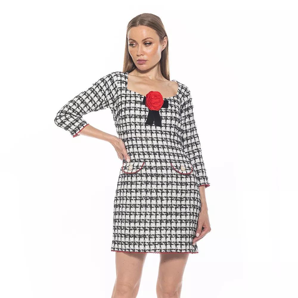 Women's ALEXIA ADMOR Dianys Tweed Princess Neckline Shift Mini Dress, Size: 12, Black Product Image