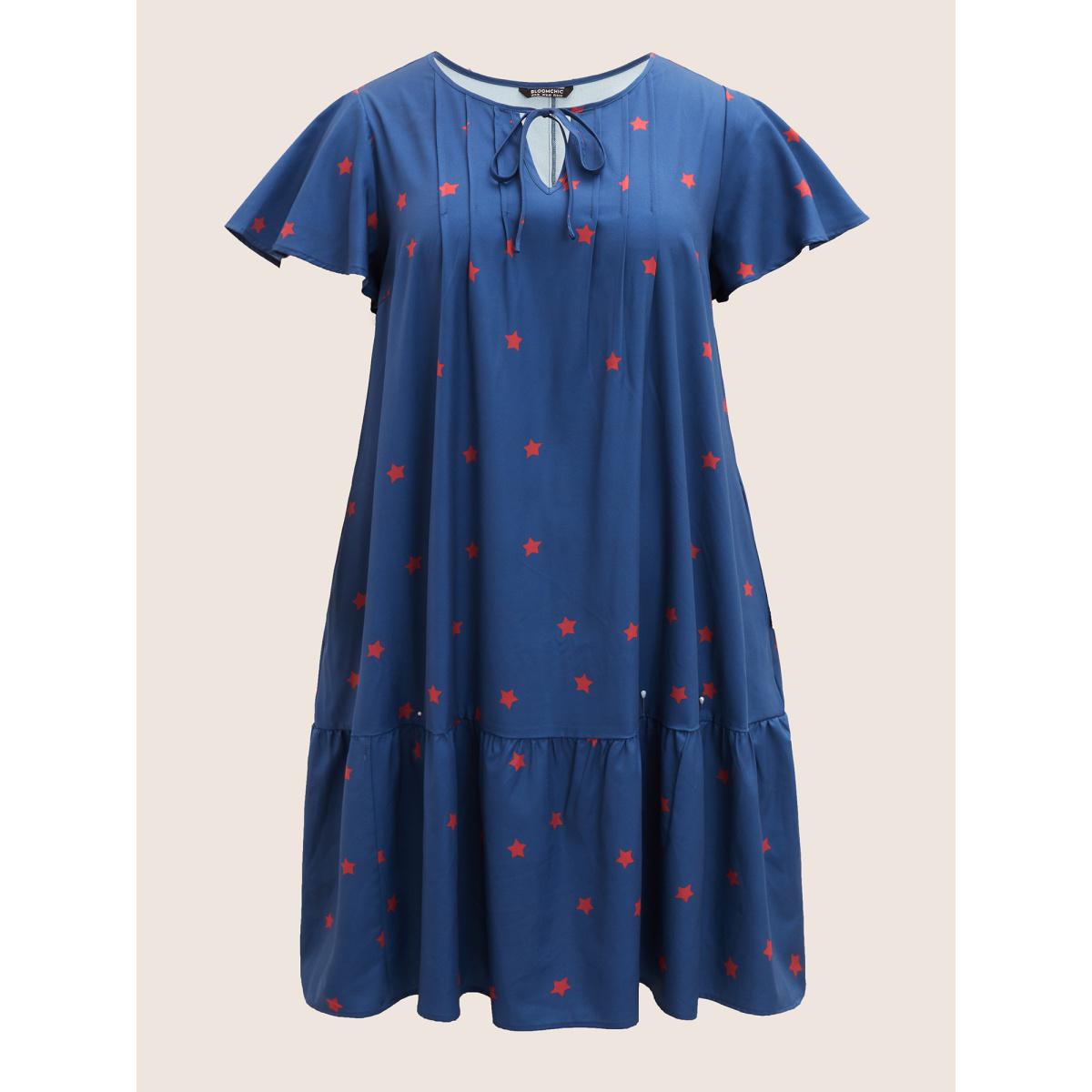 Plus Size Star Pleated Tie Knot Ruffle Sleeve Dress Mediumblue Women Casual Notched collar Short sleeve Curvy BloomChic 10/M Product Image