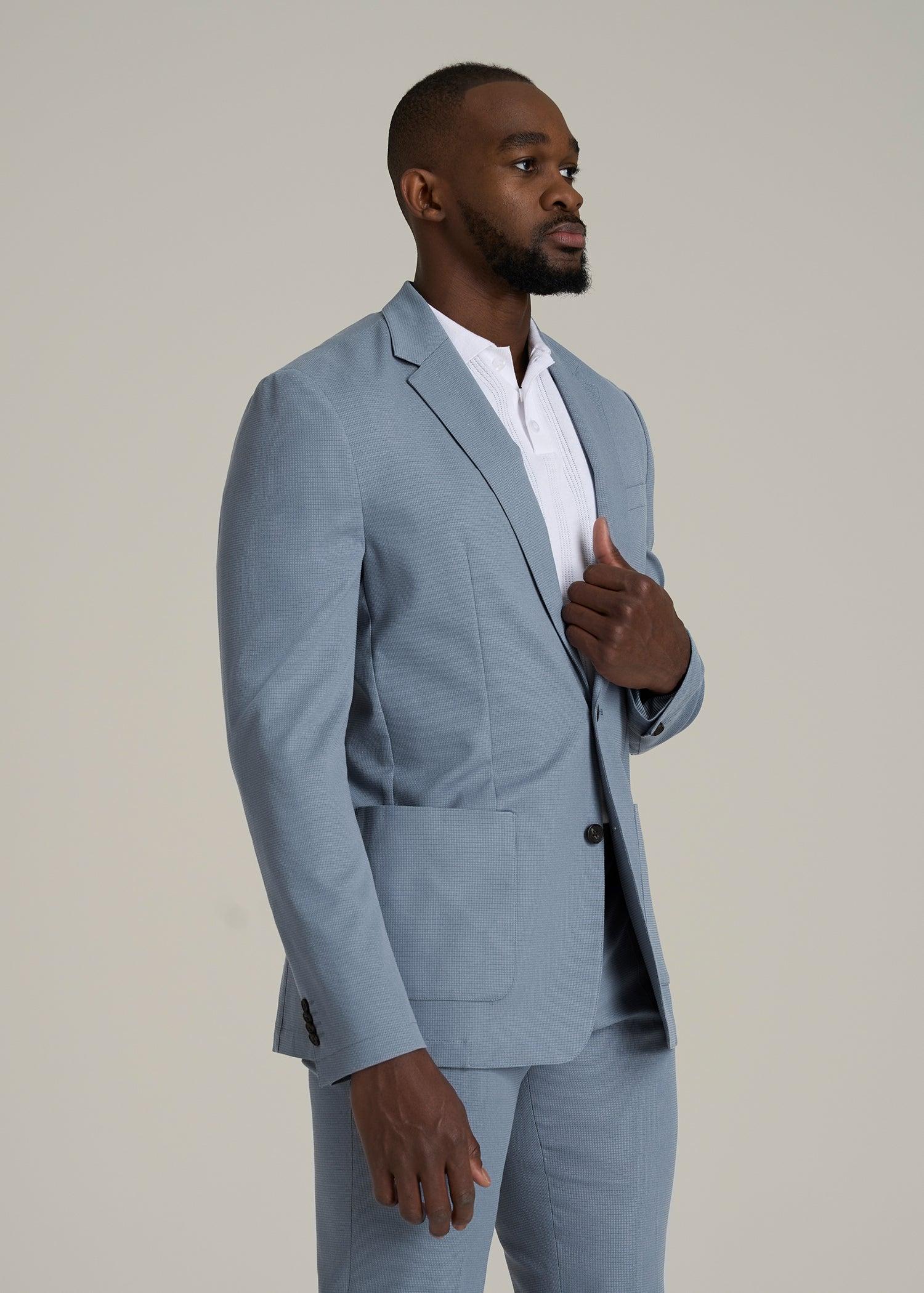 Textured Garment Washed Stretch Cotton Blazer for Tall Men in Chambray Male Product Image
