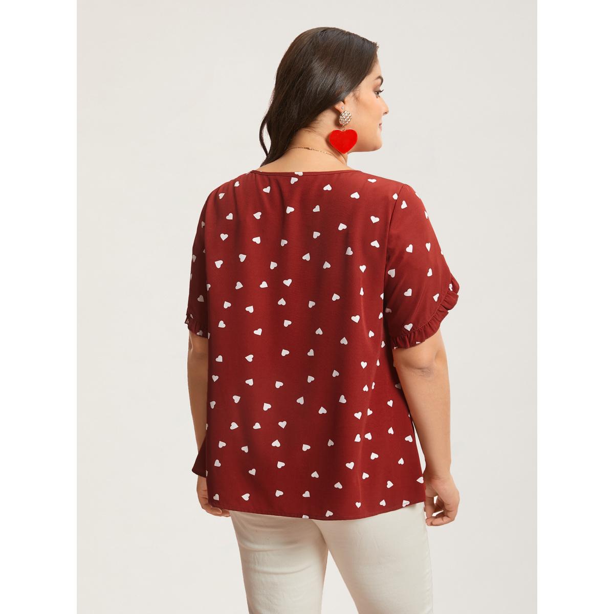 Plus Size Scarlet Ruffled Overlap Sleeve Heart Pattern Blouse Women Retro Short sleeve Round Neck Elegant Blouses BloomChic 26/4X Product Image