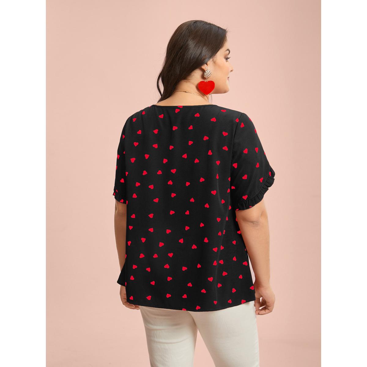 Plus Size Black Ruffled Overlap Sleeve Heart Pattern Blouse Women Elegant Short sleeve Round Neck Everyday Blouses BloomChic 28/5X Product Image