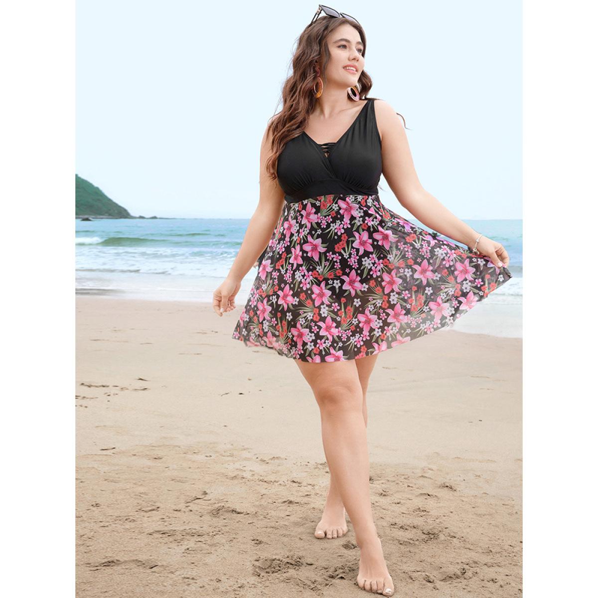 Plus Size Floral Mesh Hem Crisscross Front Wrap Swim Dress Women's Swimwear BlackFlower Bodycon V-neck High stretch Curve Swim Dresses BloomChic 26/4X Product Image