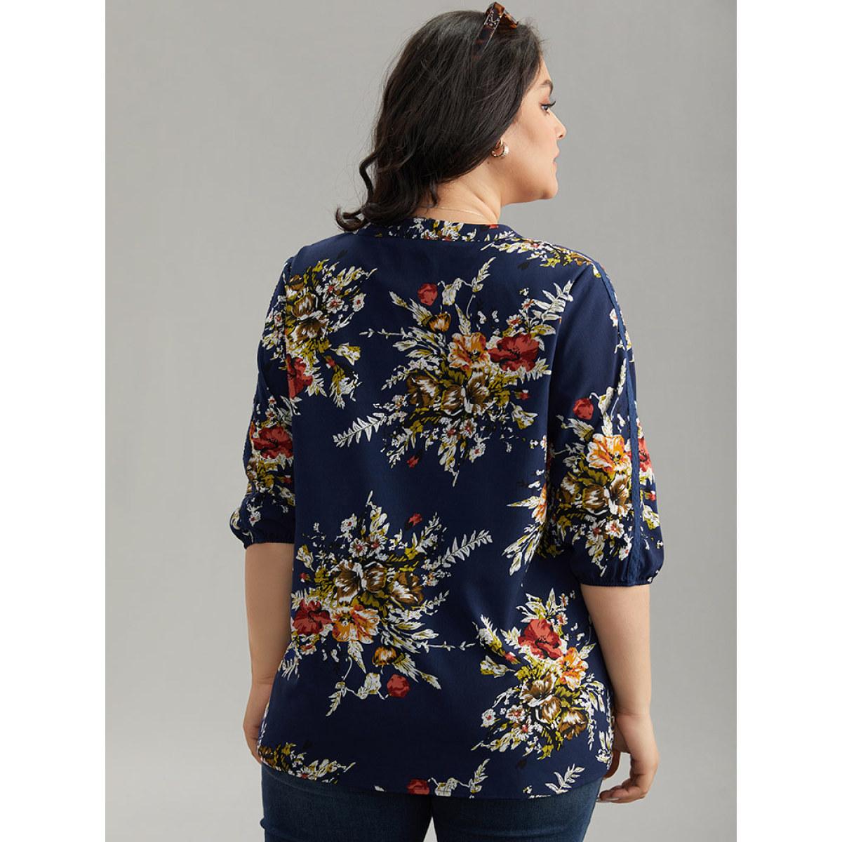 Plus Size Indigo Floral Print Notched Elastic Cuffs Blouse Women Elegant Elbow-length sleeve V-neck Dailywear Blouses BloomChic 30/6X Product Image