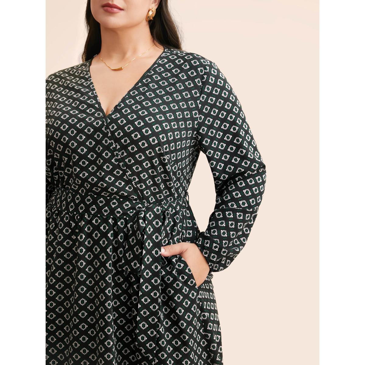 Plus Size Geometric Overlap Collar Belted Dress Black Women At the Office Belted Overlap Collar Long Sleeve Curvy BloomChic 10/M Product Image